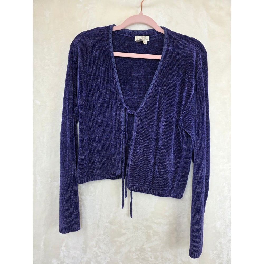 22nd Street Vintage Chenille Cardigan Sweater Purple Front‎ Tie Cropped Small
